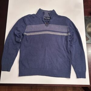 Men's Blue Zip-Up Sweater with Gray Stripes